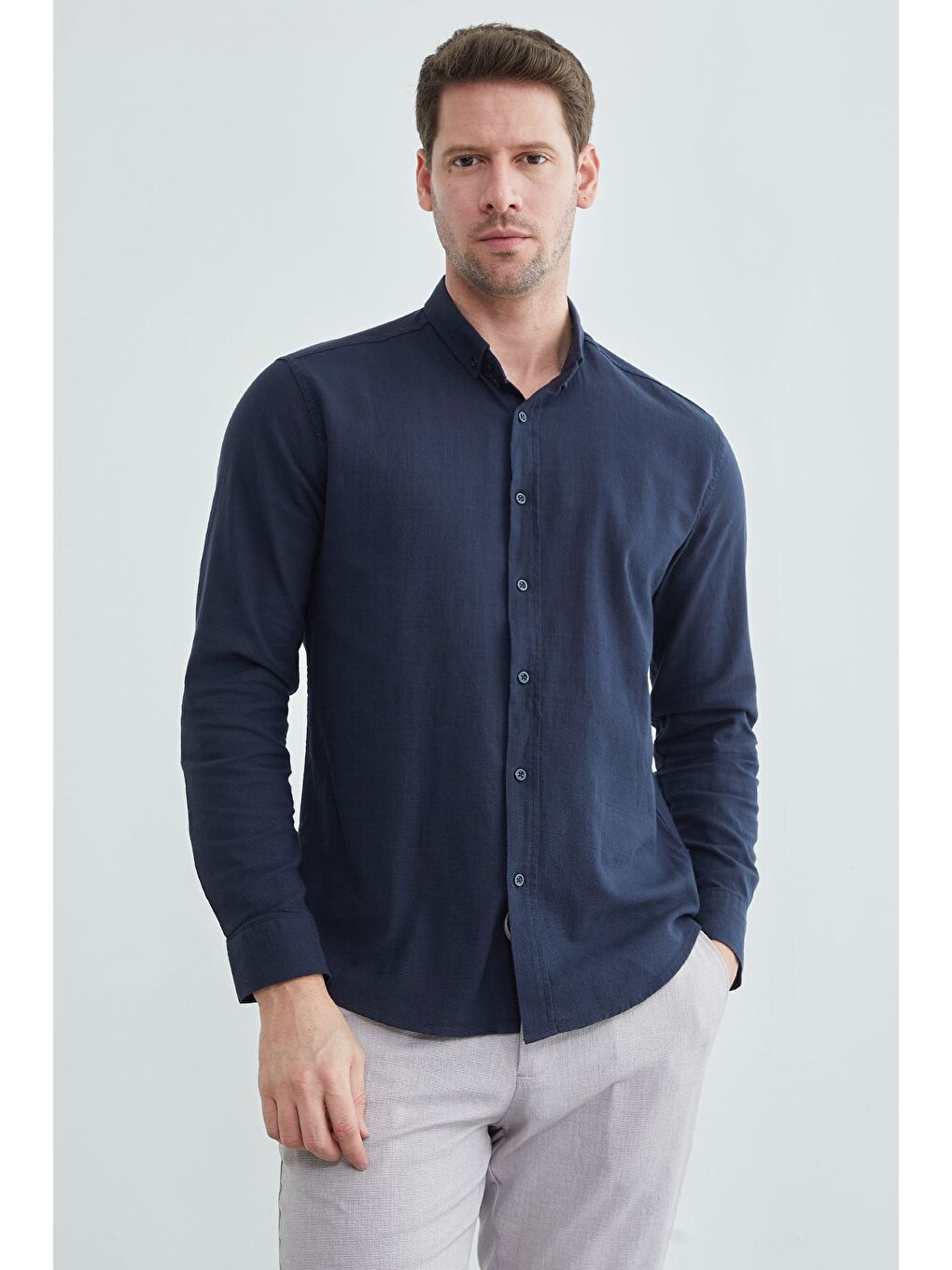 Lacivert Keten Görünümlü Uzun Kollu Gömlek-1