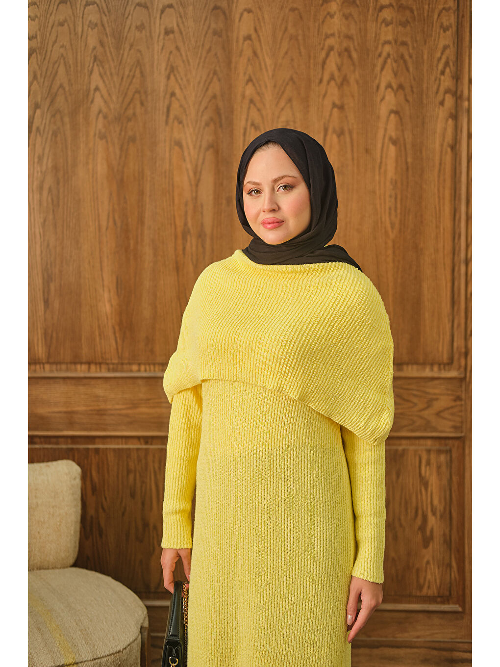 Kadın Pelerin Yaka Elbise Sarı-3
