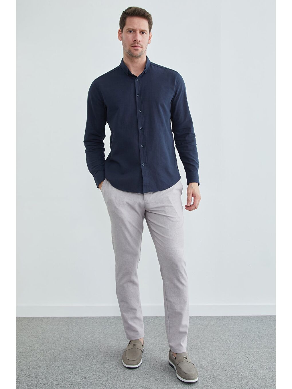 Lacivert Keten Görünümlü Uzun Kollu Gömlek-2