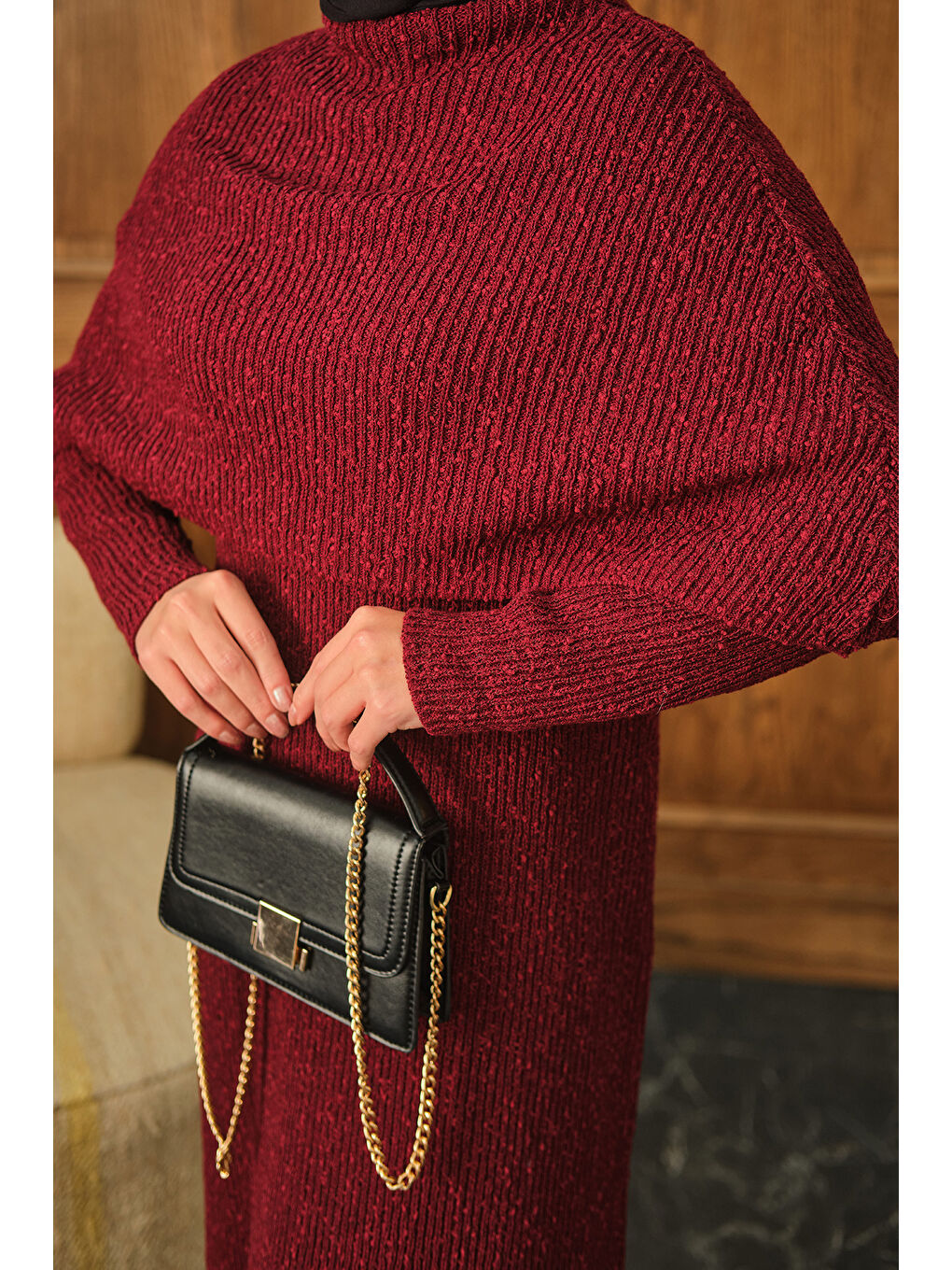 Kadın Pelerin Yaka Elbise Bordo-2