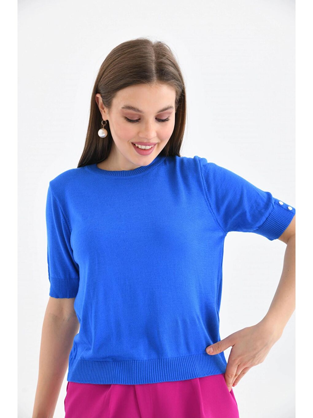 Mavi Kadın Saks Renk Yarım Kollu Triko-2