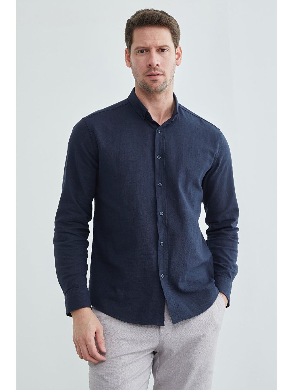 Lacivert Keten Görünümlü Uzun Kollu Gömlek-4