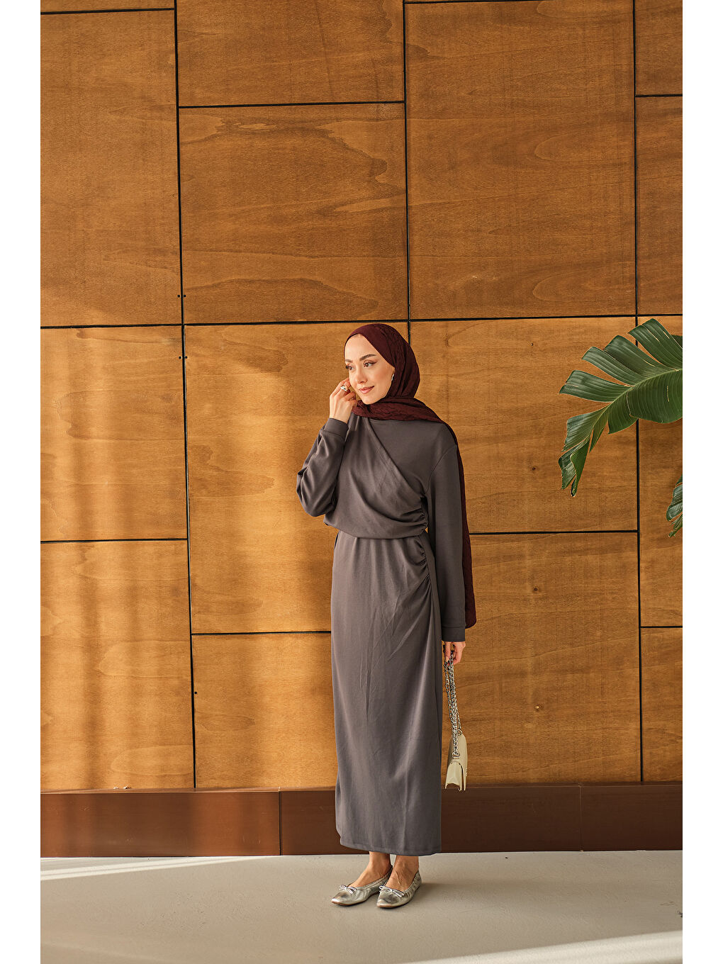 Kadın Önü Parça Detaylı Elbise Antrasit-1