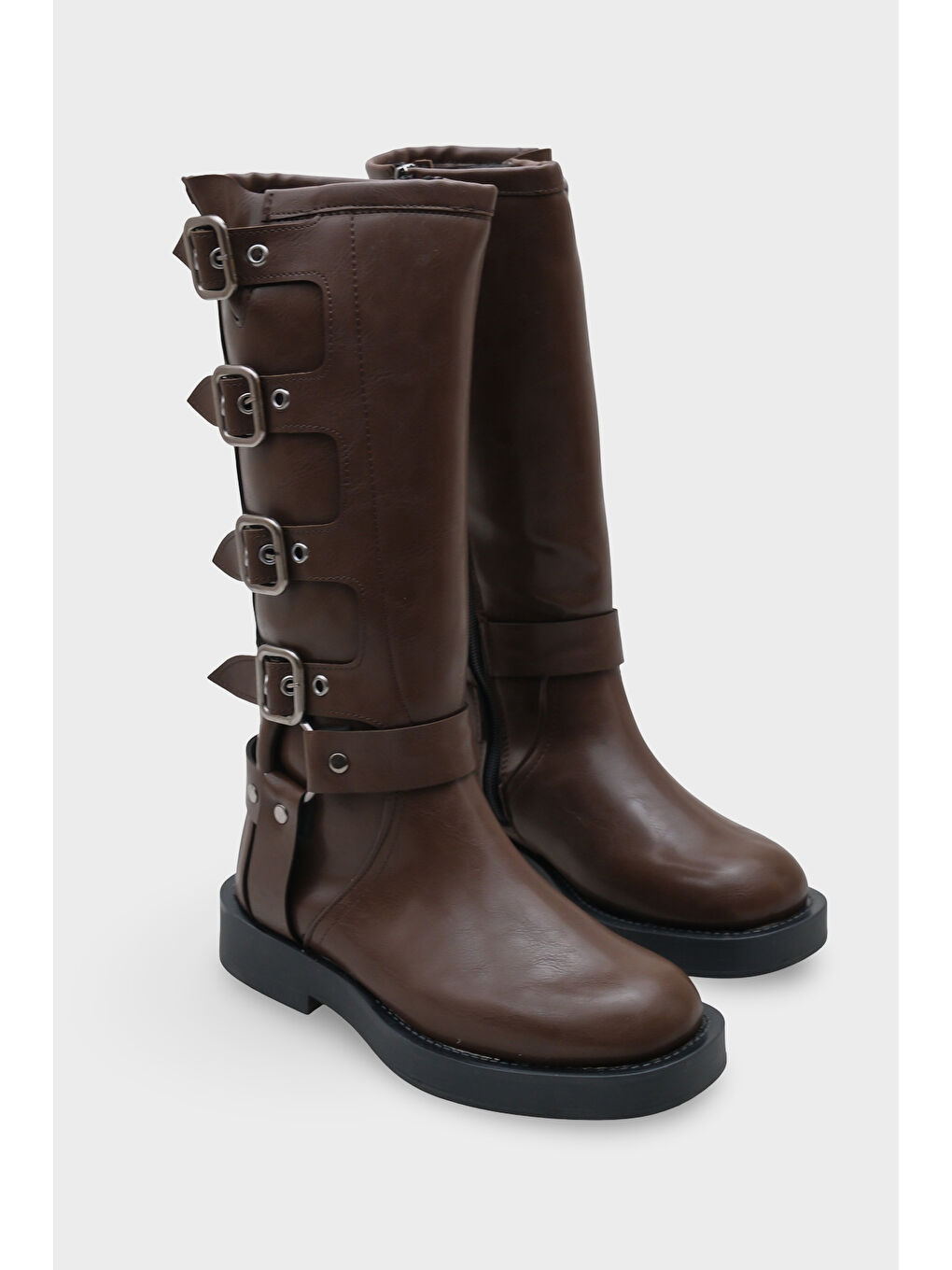 Kahverengi Motorcu Fermuarlı Kadın Çizme-1