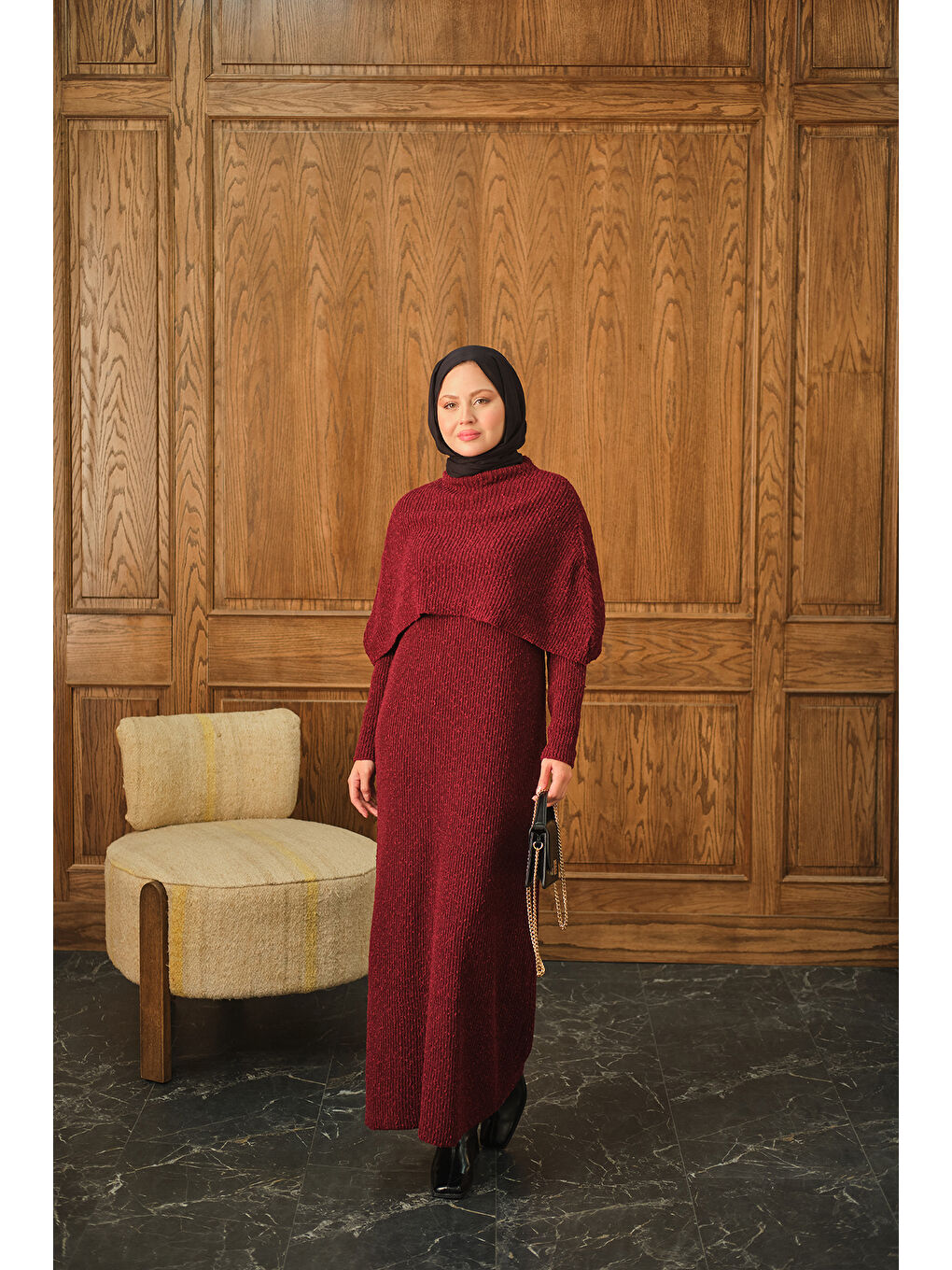 Kadın Pelerin Yaka Elbise Bordo-3