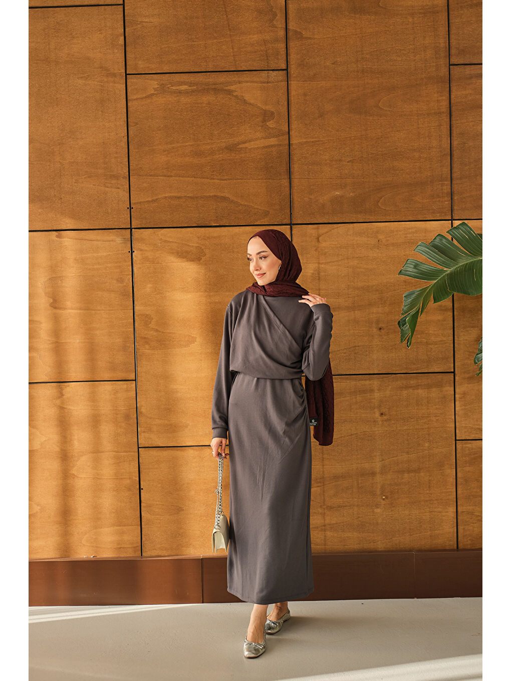 Kadın Önü Parça Detaylı Elbise Antrasit-2