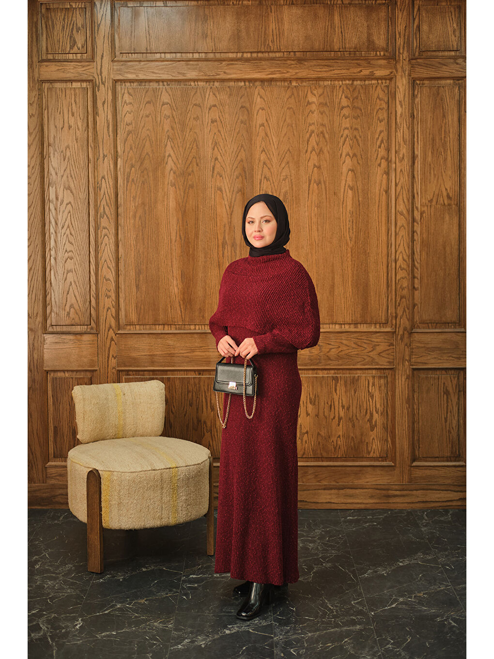 Kadın Pelerin Yaka Elbise Bordo-4