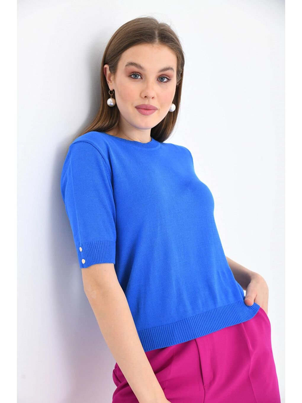 Mavi Kadın Saks Renk Yarım Kollu Triko-3