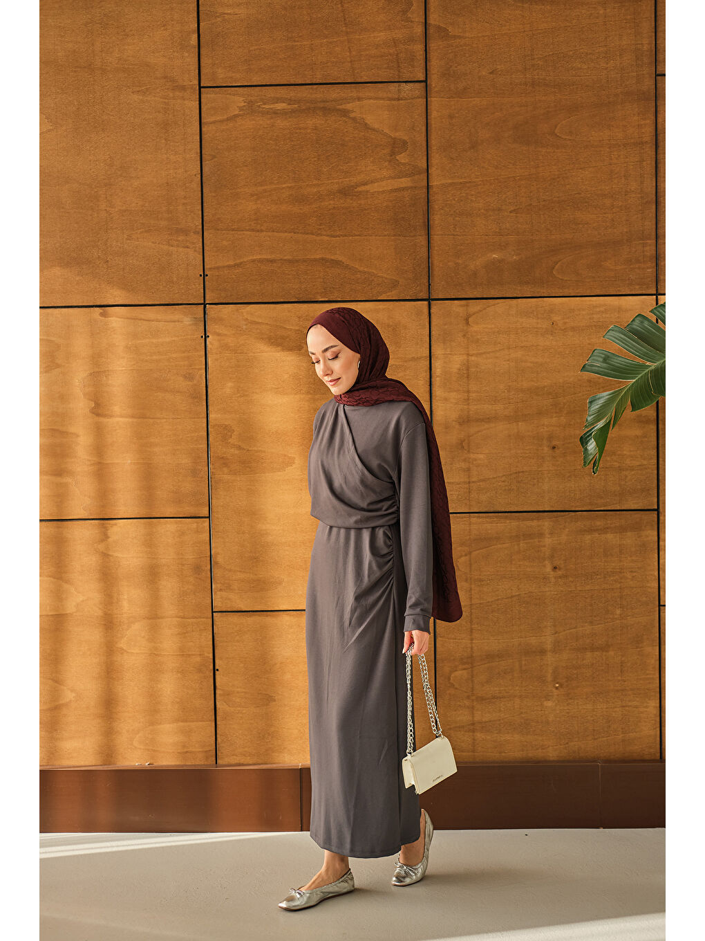 Kadın Önü Parça Detaylı Elbise Antrasit-3