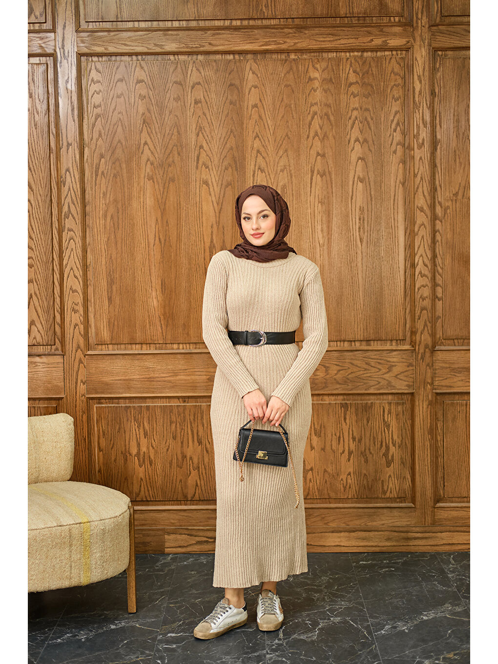 Bej Kadın Bisiklet Yaka Triko Elbise Taş-1