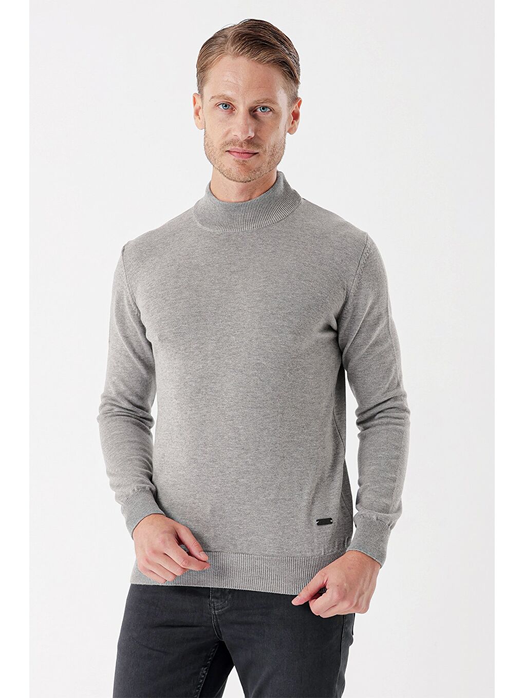 Gri Uzun Kollu Örme Yarım Balıkçı Yaka Pamuklu Klasik Comfort Fit Triko 1012235001