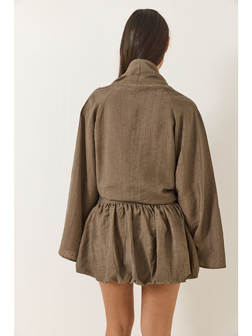 Haki Kadın Mini Balon Etekli Bağlama Detaylı Kimono Alt-Üst Takım-6