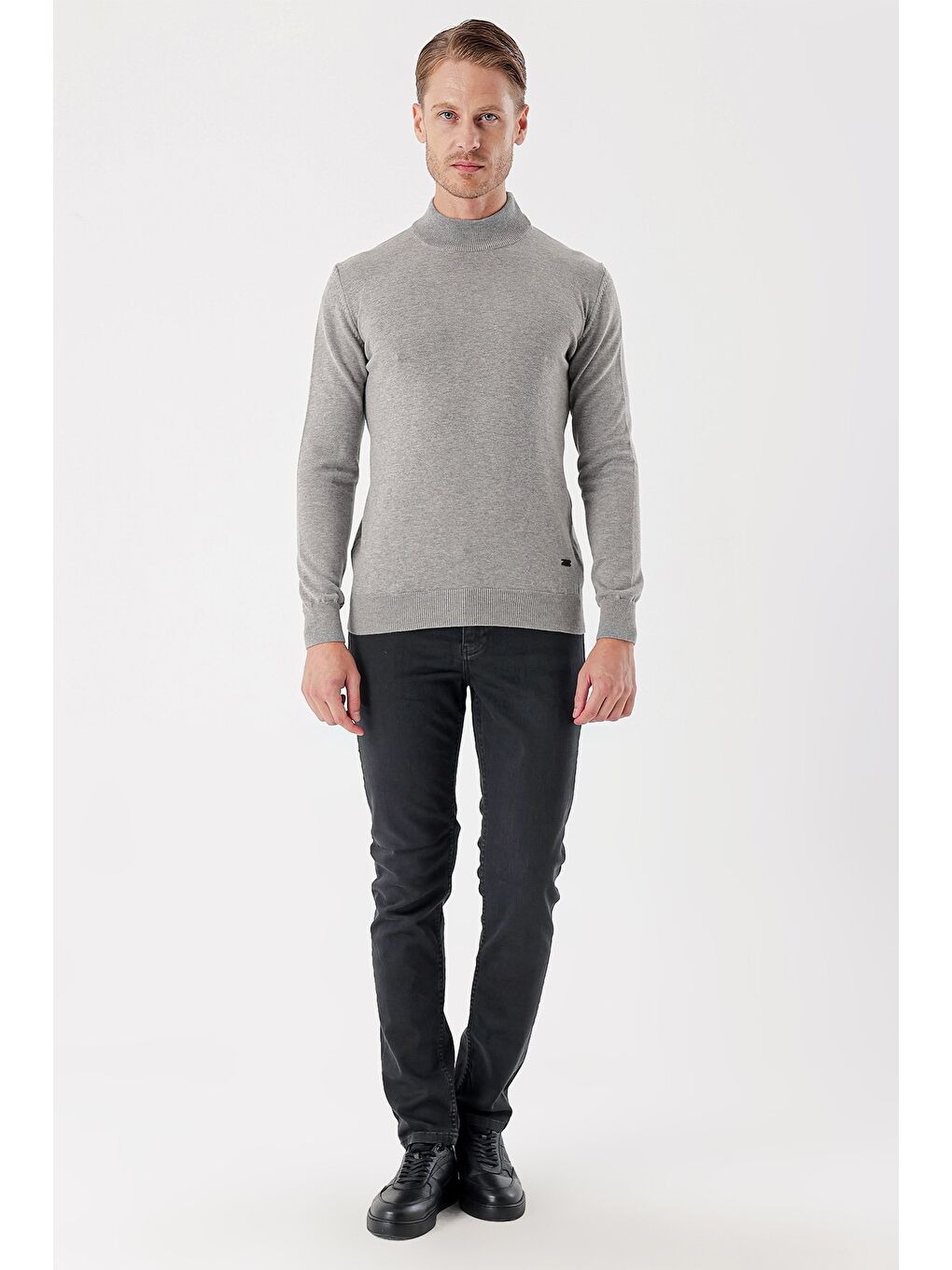 Gri Uzun Kollu Örme Yarım Balıkçı Yaka Pamuklu Klasik Comfort Fit Triko 1012235001-1