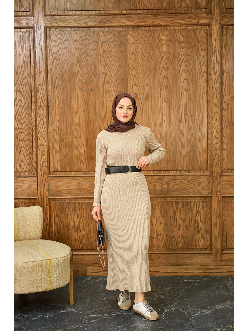 Bej Kadın Bisiklet Yaka Triko Elbise Taş-2