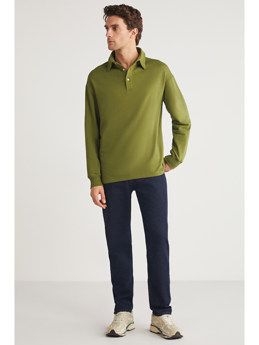 Erkek Polo Sweat Gömlek Yakalı Organik Pamuklu Yırtmaçlı İçi Polarsız Haki Sweatshirt