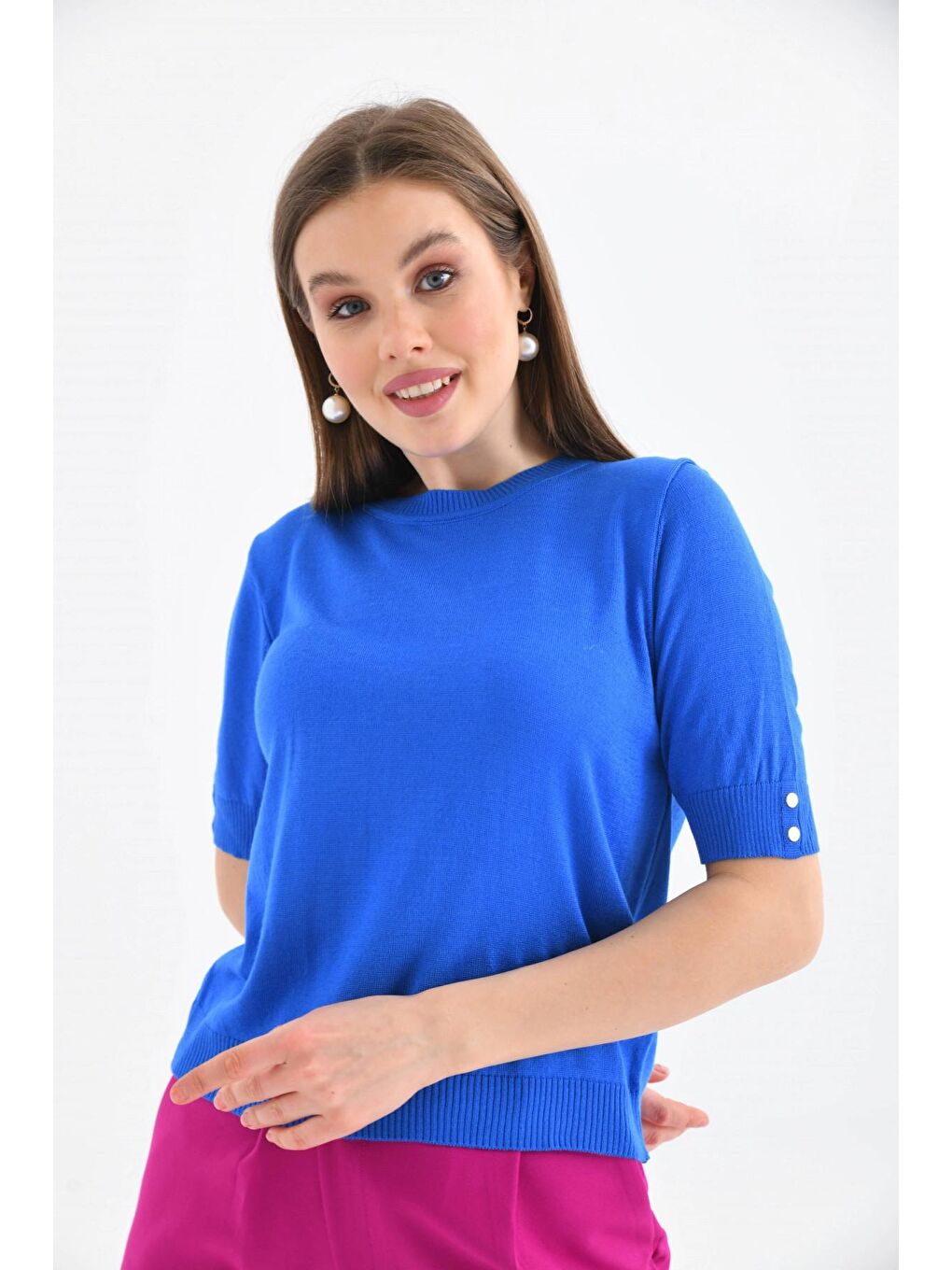 Mavi Kadın Saks Renk Yarım Kollu Triko-4