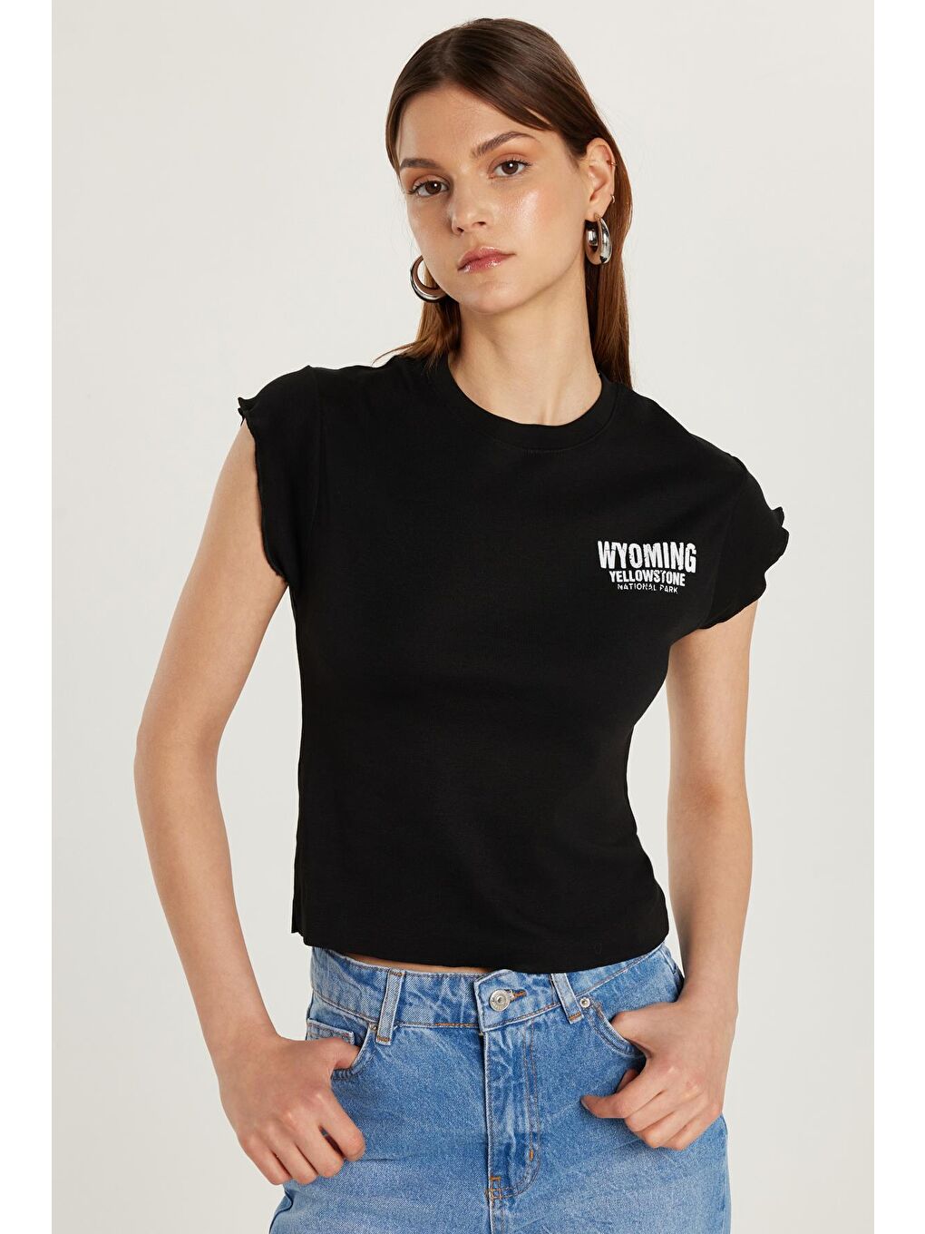 Kadın Slim Fit Ribanalı Baskılı %100 Pamuk Bisiklet Yaka Siyah Tişört-3