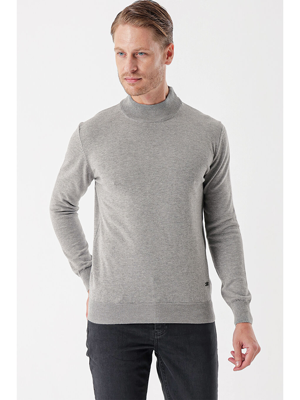 Gri Uzun Kollu Örme Yarım Balıkçı Yaka Pamuklu Klasik Comfort Fit Triko 1012235001-2