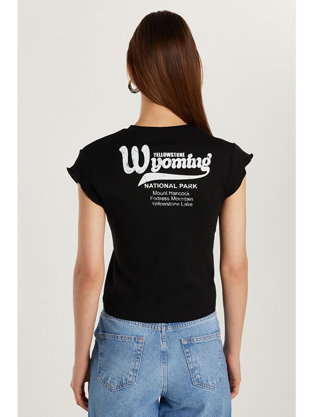 Kadın Slim Fit Ribanalı Baskılı %100 Pamuk Bisiklet Yaka Siyah Tişört-4