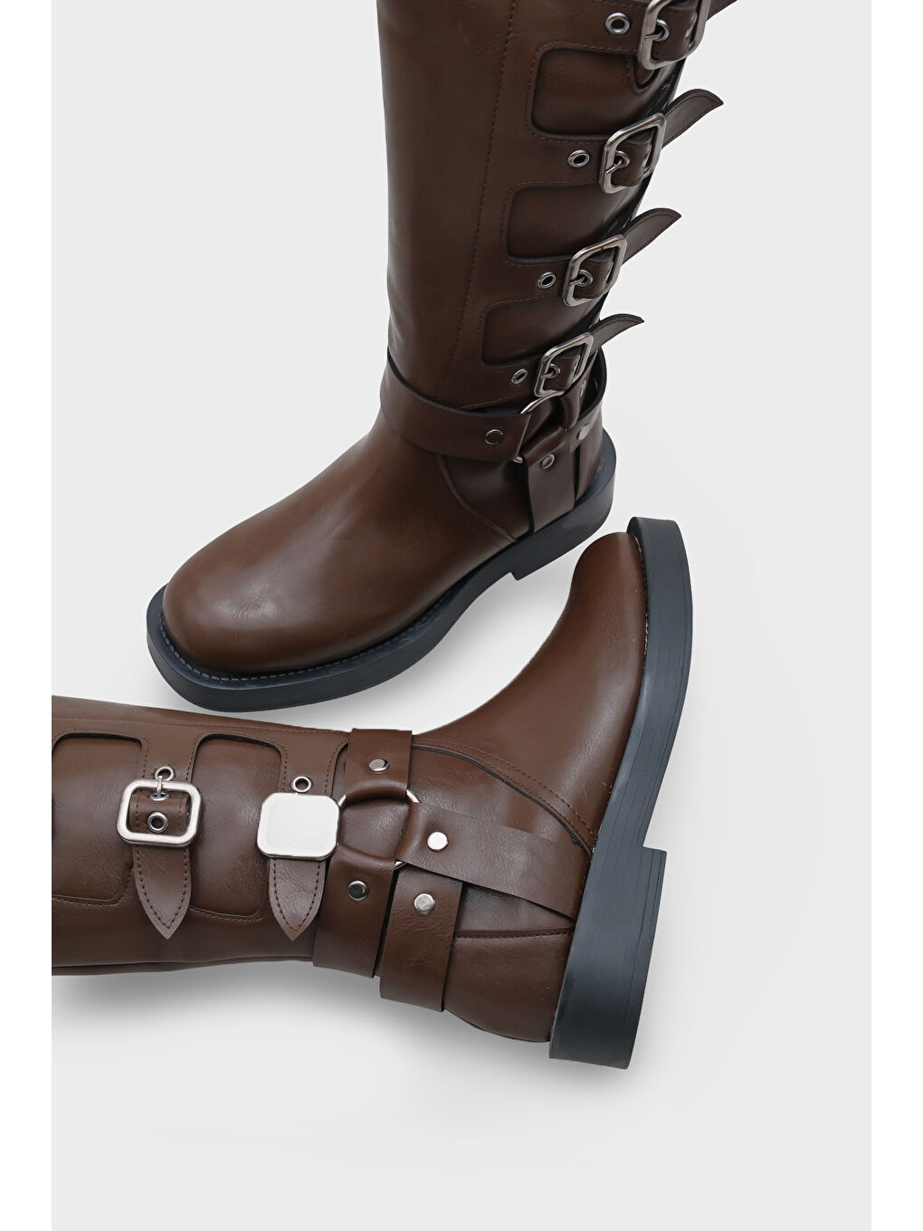 Kahverengi Motorcu Fermuarlı Kadın Çizme-5