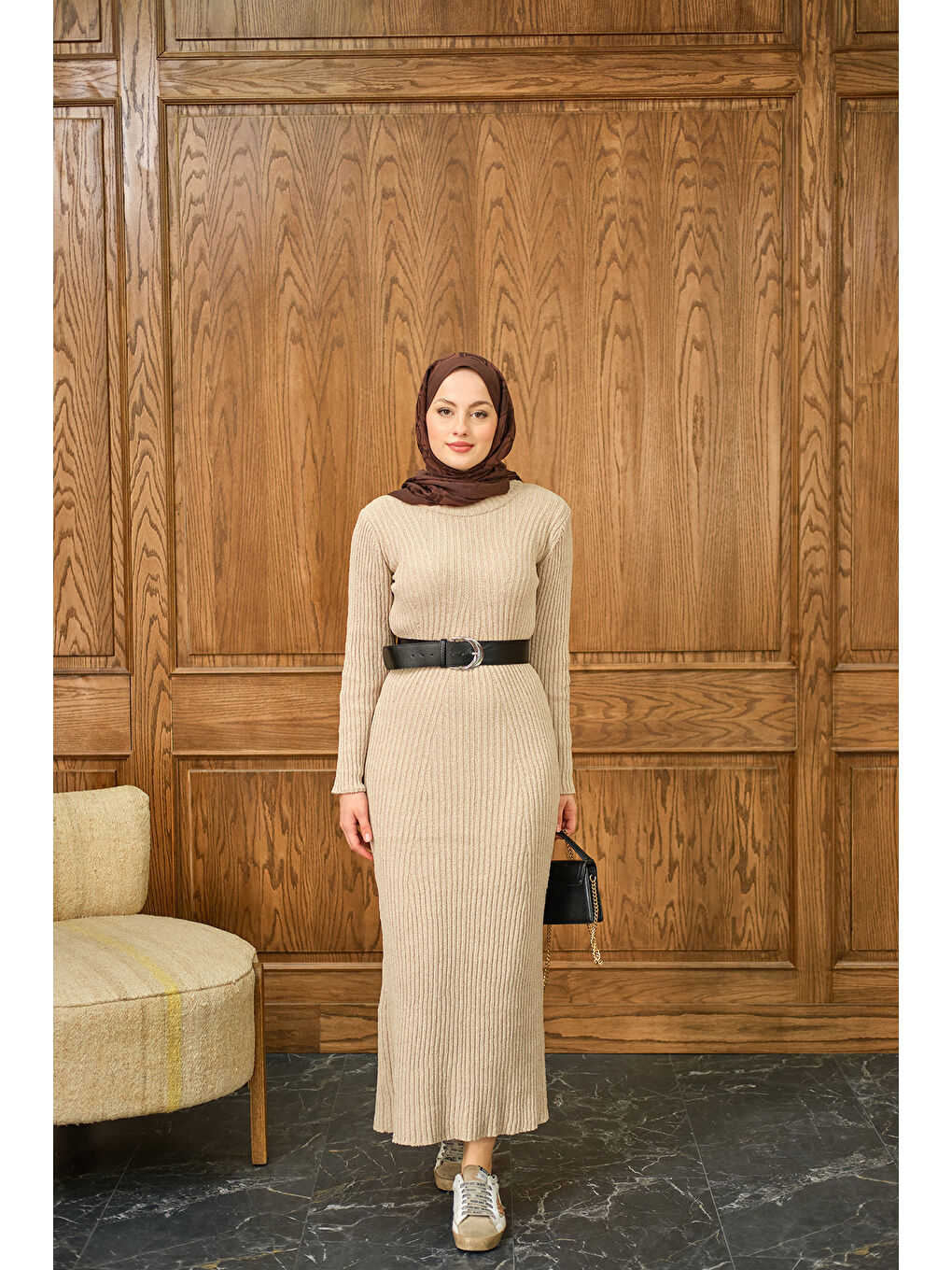 Bej Kadın Bisiklet Yaka Triko Elbise Taş-3