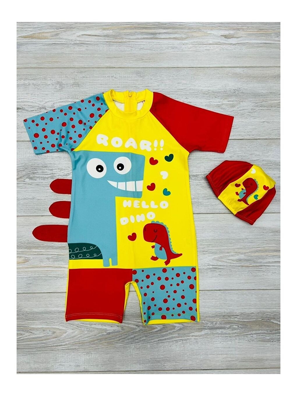 Mavi Tatlı Dino Temalı Boneli Erkek Çocuk Mayo Takımı