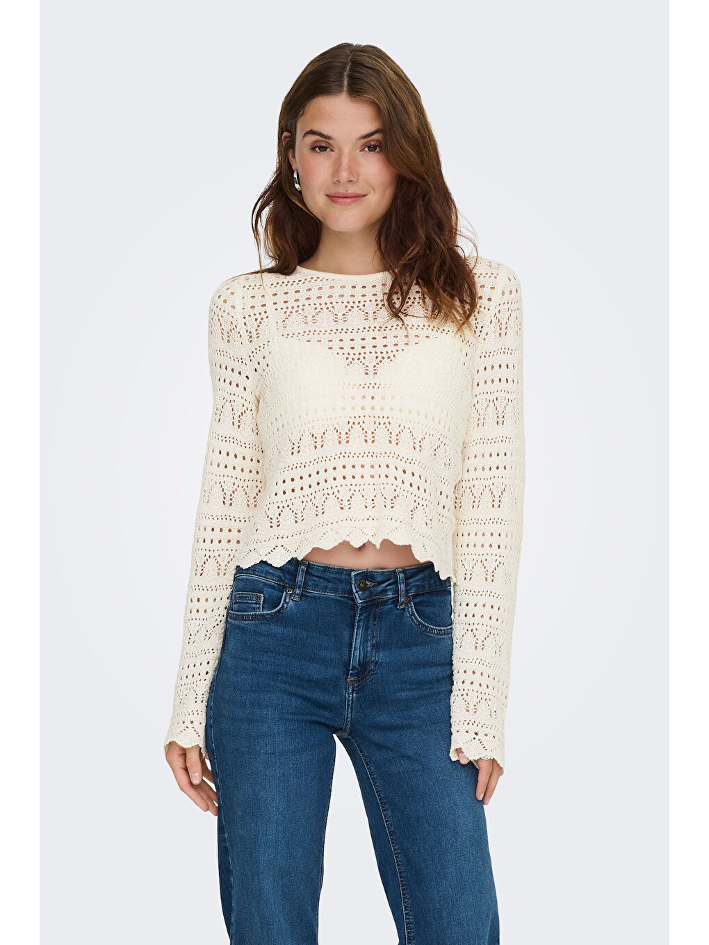 Ekru Onlelke Pamuklu Regular Fit Ajurlu Yuvarlak Yaka Kadın Bluz 15363049