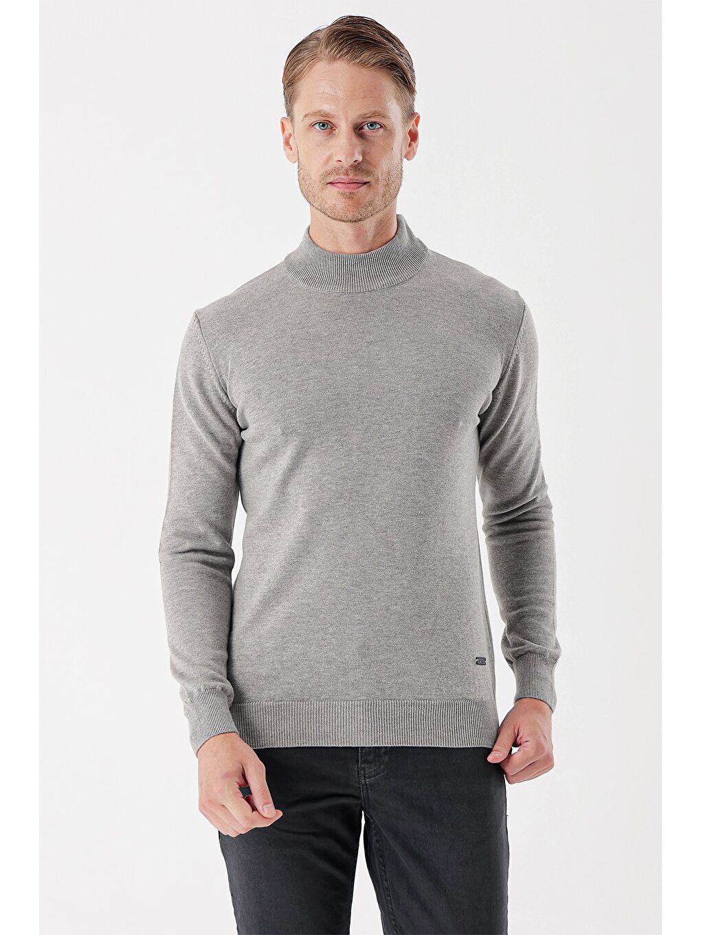 Gri Uzun Kollu Örme Yarım Balıkçı Yaka Pamuklu Klasik Comfort Fit Triko 1012235001-4