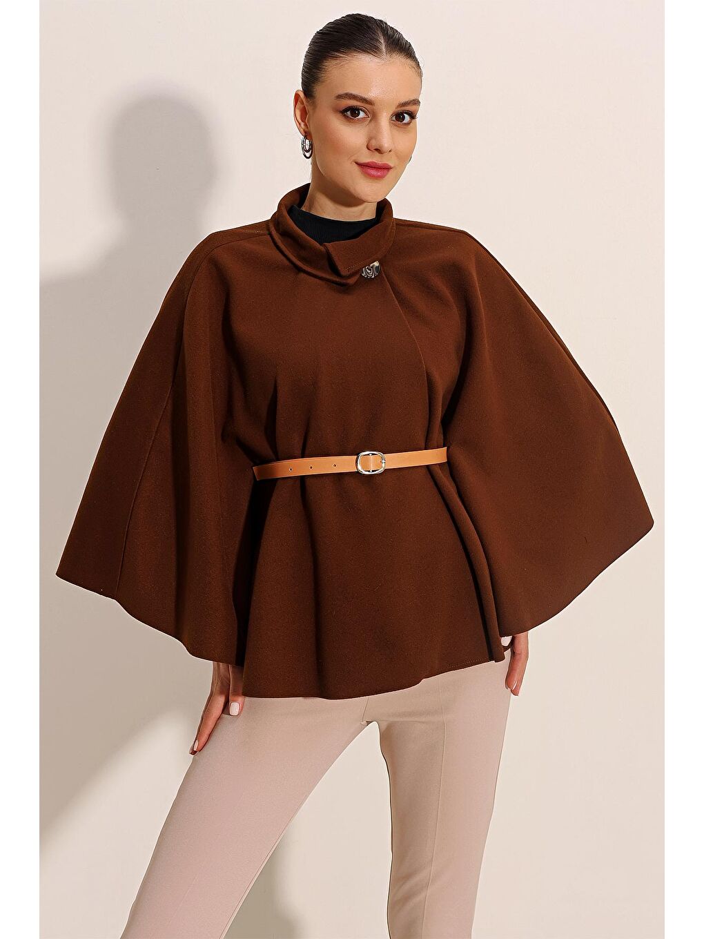 9134 Kemerli Kaşe Panço - Kahverengi