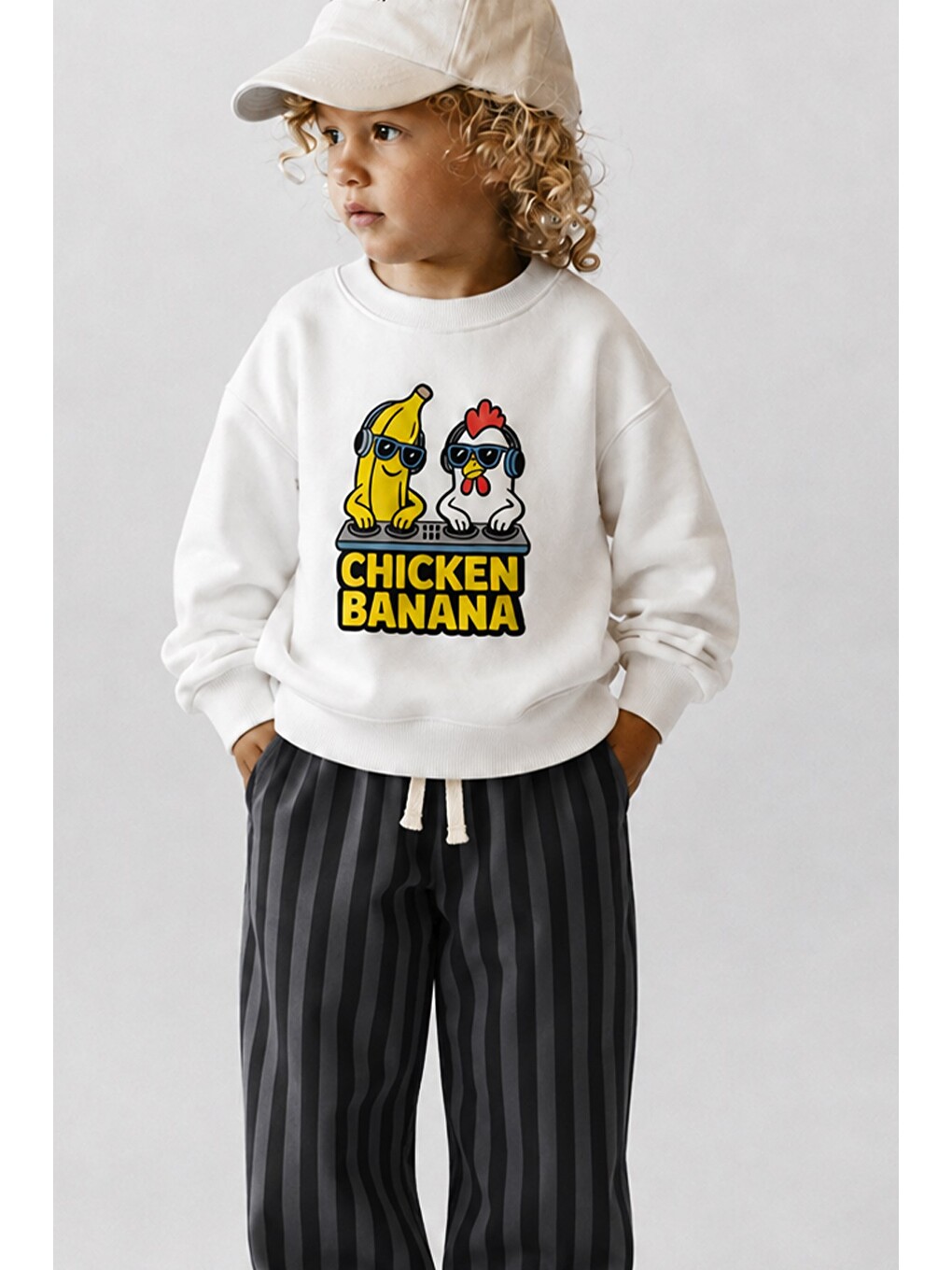 Ekru Unisex Çocuk Baskılı 3 İplik Kumaş Pamuklu Sweatshirt