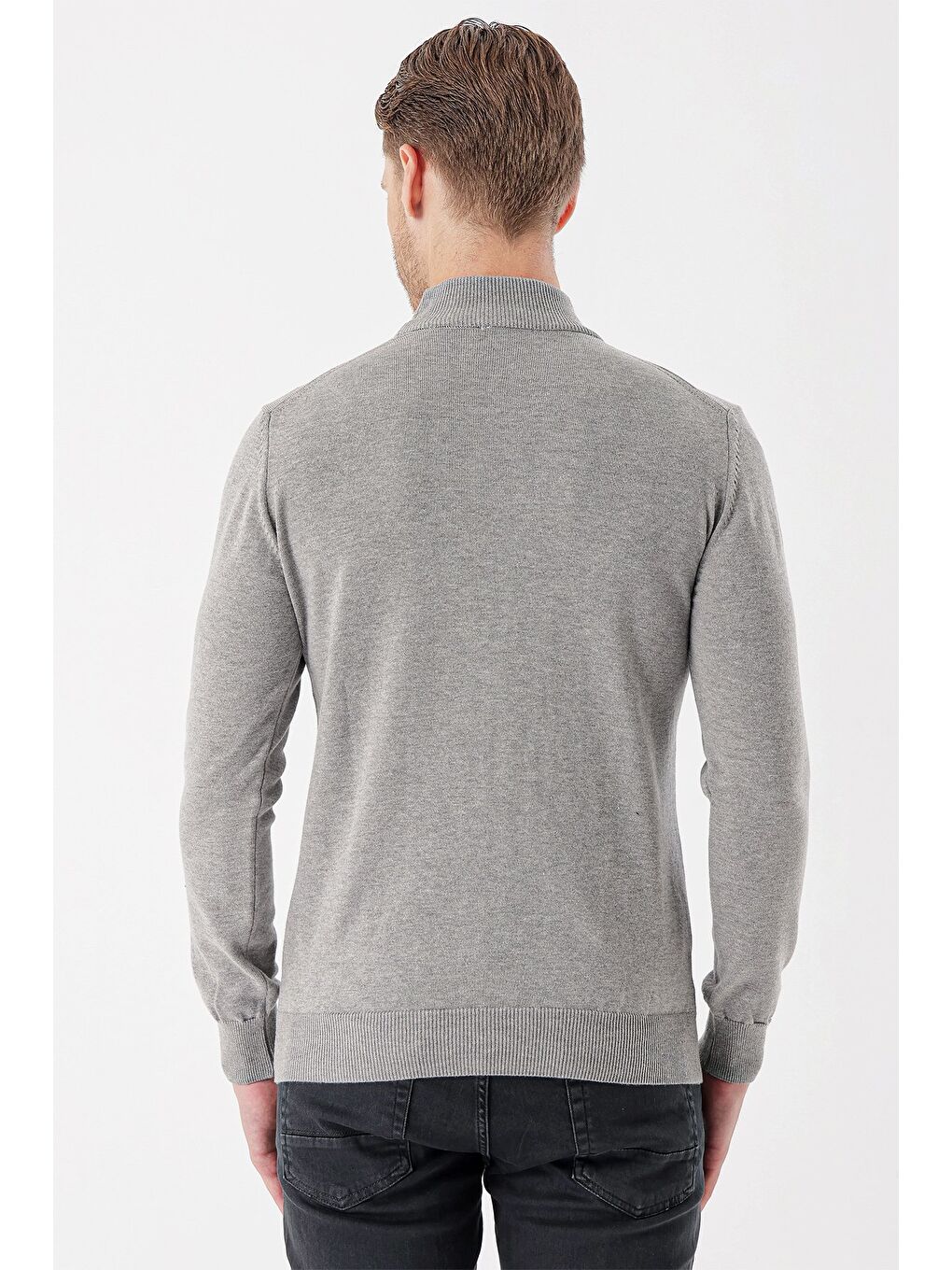 Gri Uzun Kollu Örme Yarım Balıkçı Yaka Pamuklu Klasik Comfort Fit Triko 1012235001-5