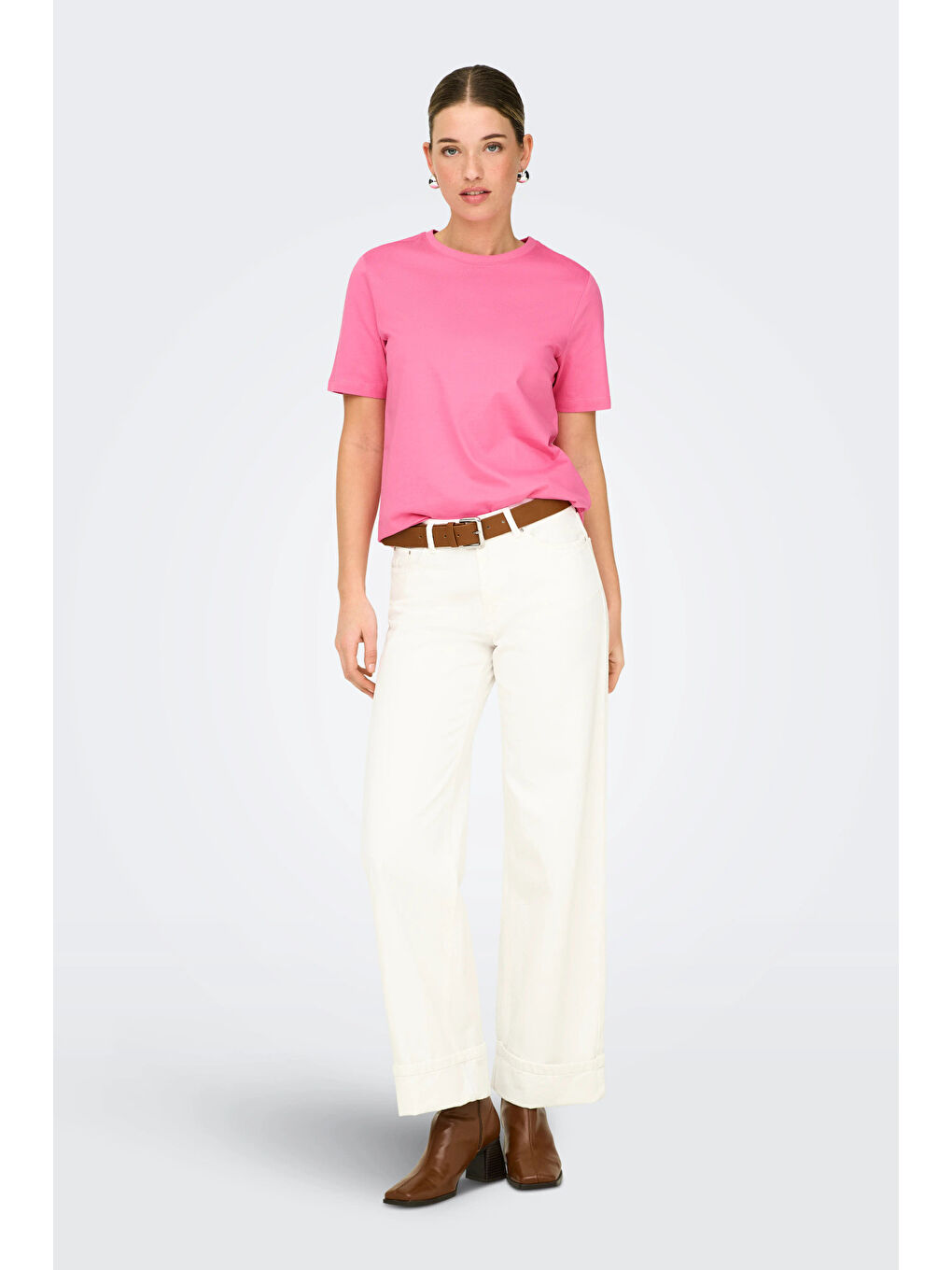 Pembe Onlfreja Pamuklu Regular Fit Yuvarlak Yaka Kadın T Shirt 15367970-1