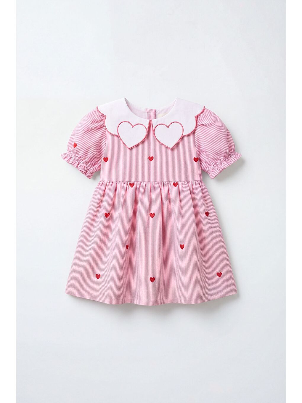 Kız Çocuk Pamuklu Pembe Çizgili Kalp Nakışlı Yakalı Elbise