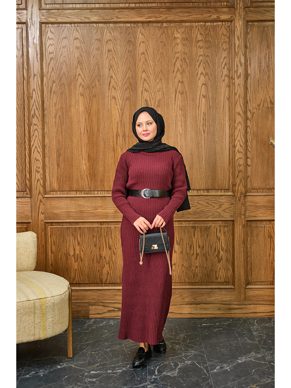 Kadın Bisiklet Yaka Triko Elbise Bordo-1