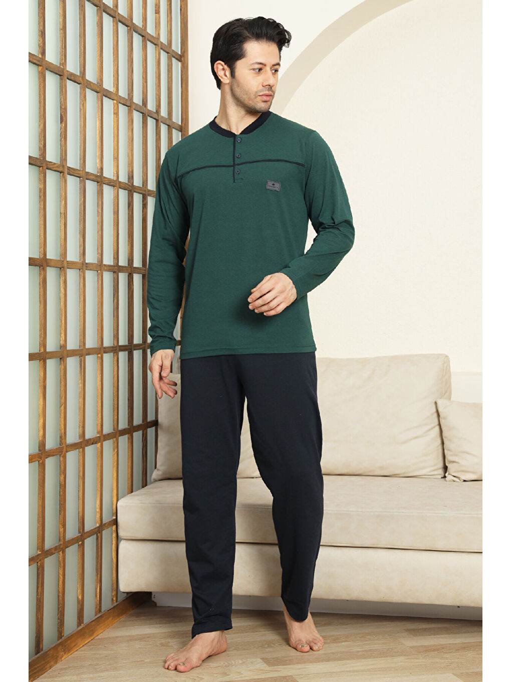 Petrol Erkek %100 Pamuklu Pijama Takımı-Robalı ve 3 Düğmeli-12489