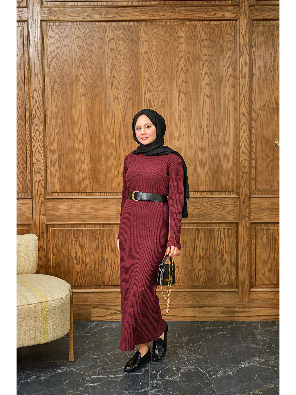 Kadın Bisiklet Yaka Triko Elbise Bordo-2