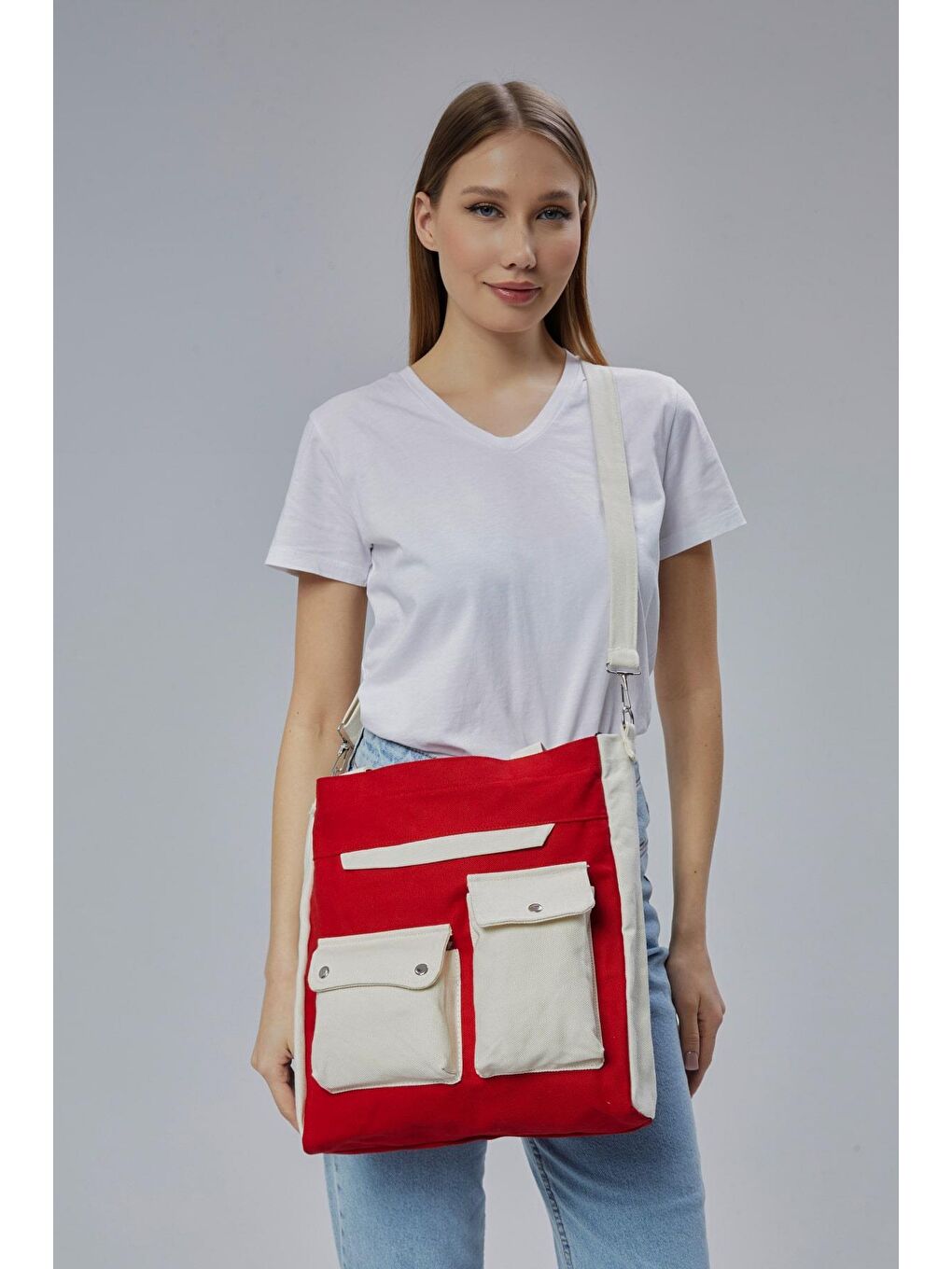 Bagg Kirmizi Kanvas Ön Cepleri Çıtlı Çanta (Kırmızı-Ekru) - 3