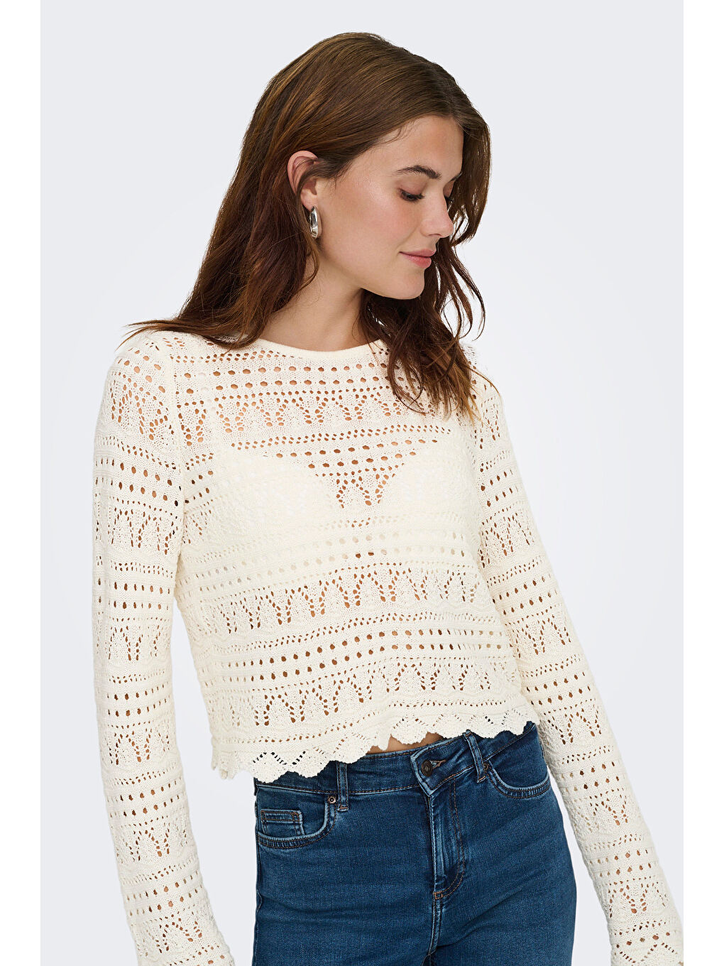 Ekru Onlelke Pamuklu Regular Fit Ajurlu Yuvarlak Yaka Kadın Bluz 15363049-2