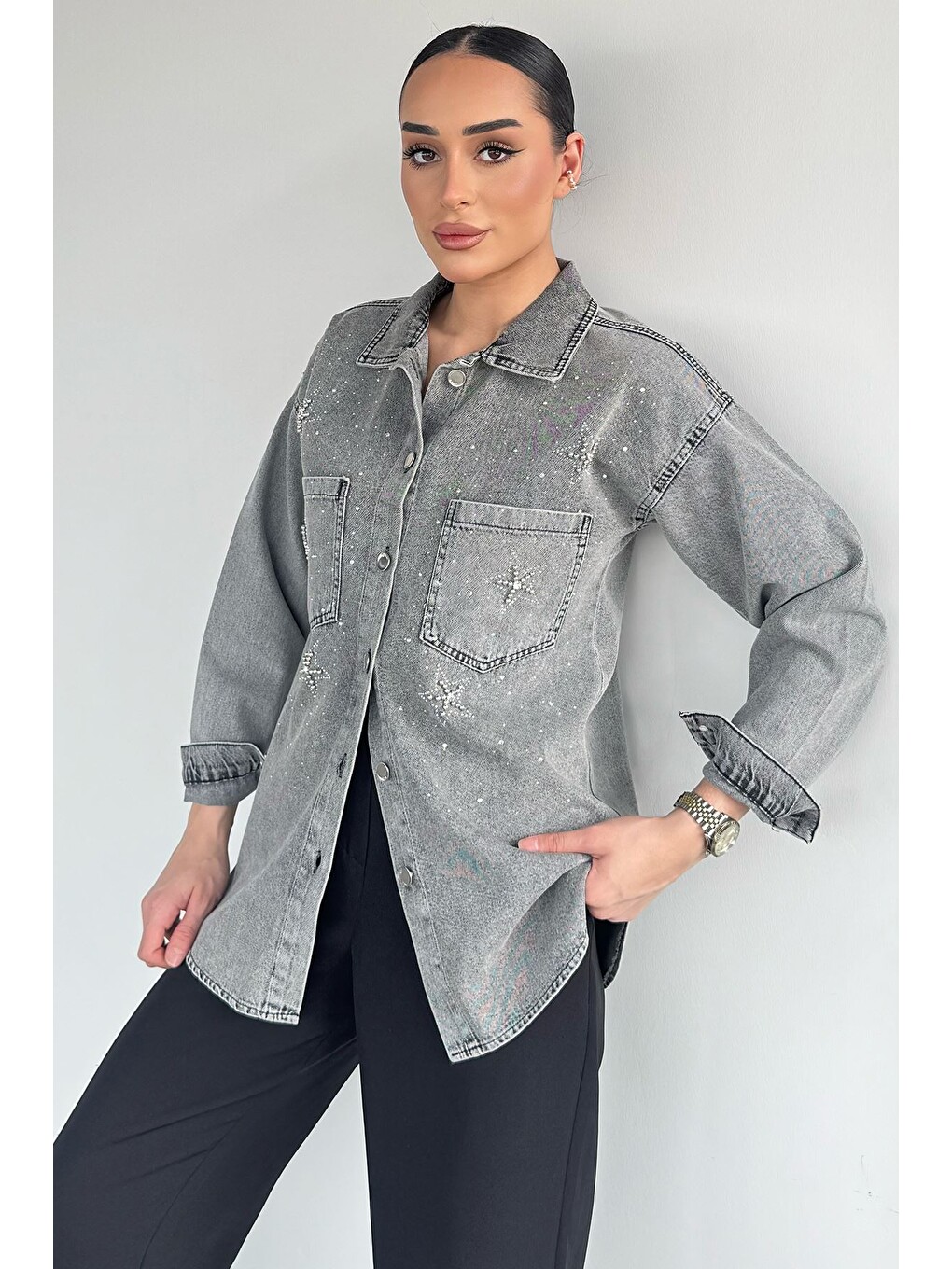 Gri Çift Cepli Taşlı Jean Jean Ceket-1