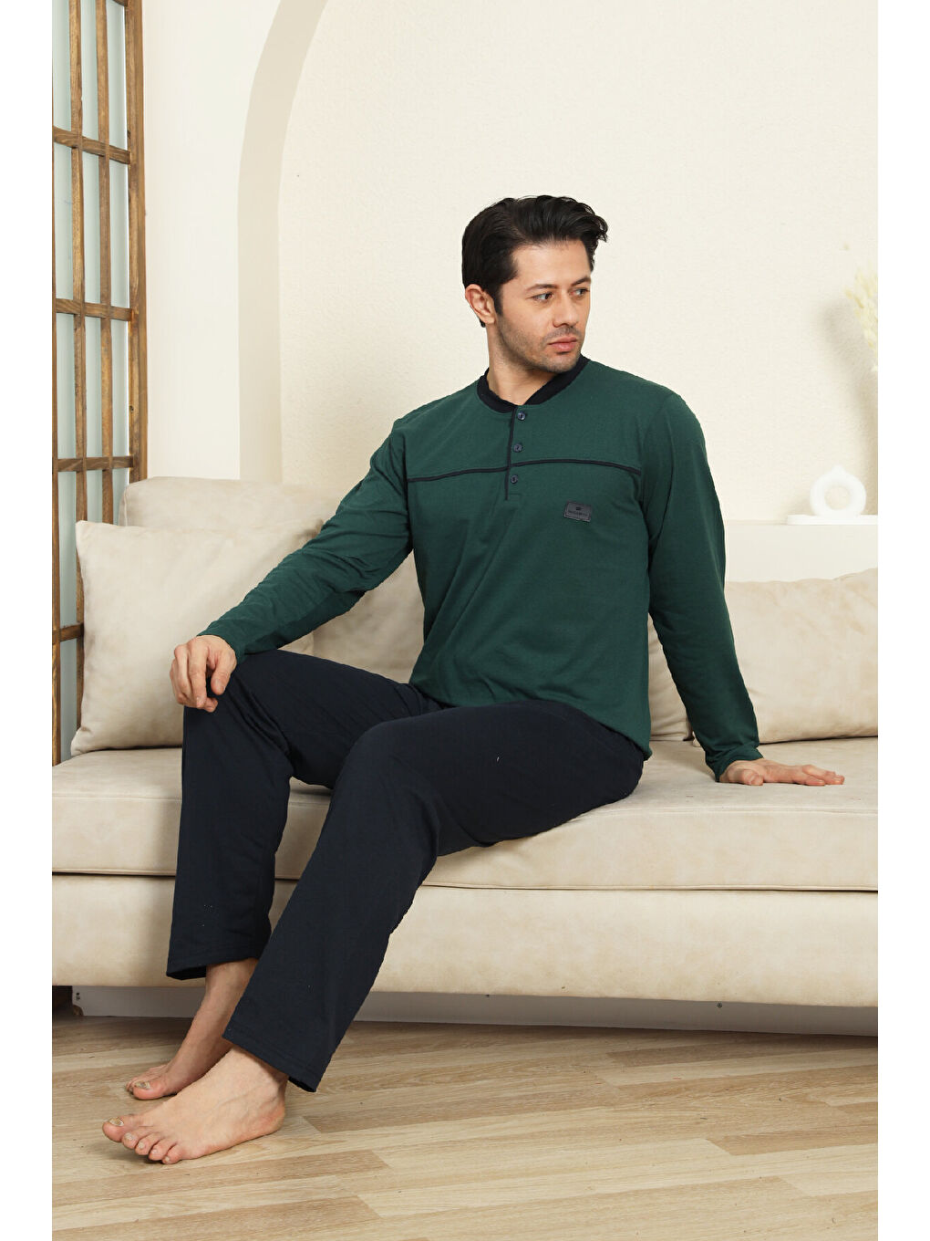 Petrol Erkek %100 Pamuklu Pijama Takımı-Robalı ve 3 Düğmeli-12489-1