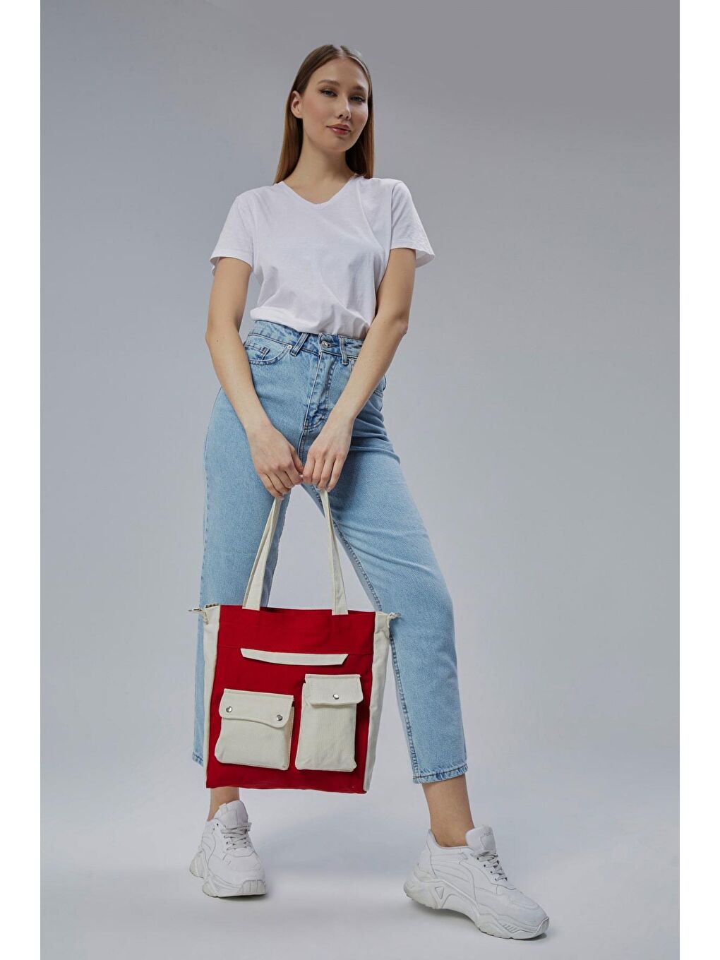 Bagg Kirmizi Kanvas Ön Cepleri Çıtlı Çanta (Kırmızı-Ekru) - 6