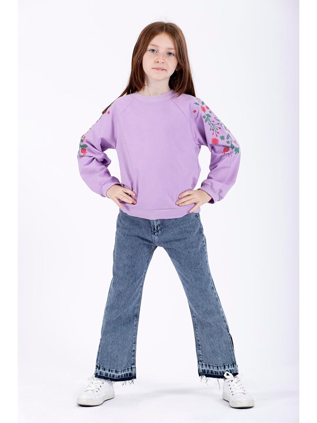 Lila Bisiklet Yaka Çiçek Baskılı Kız Çocuk Sweatshirt