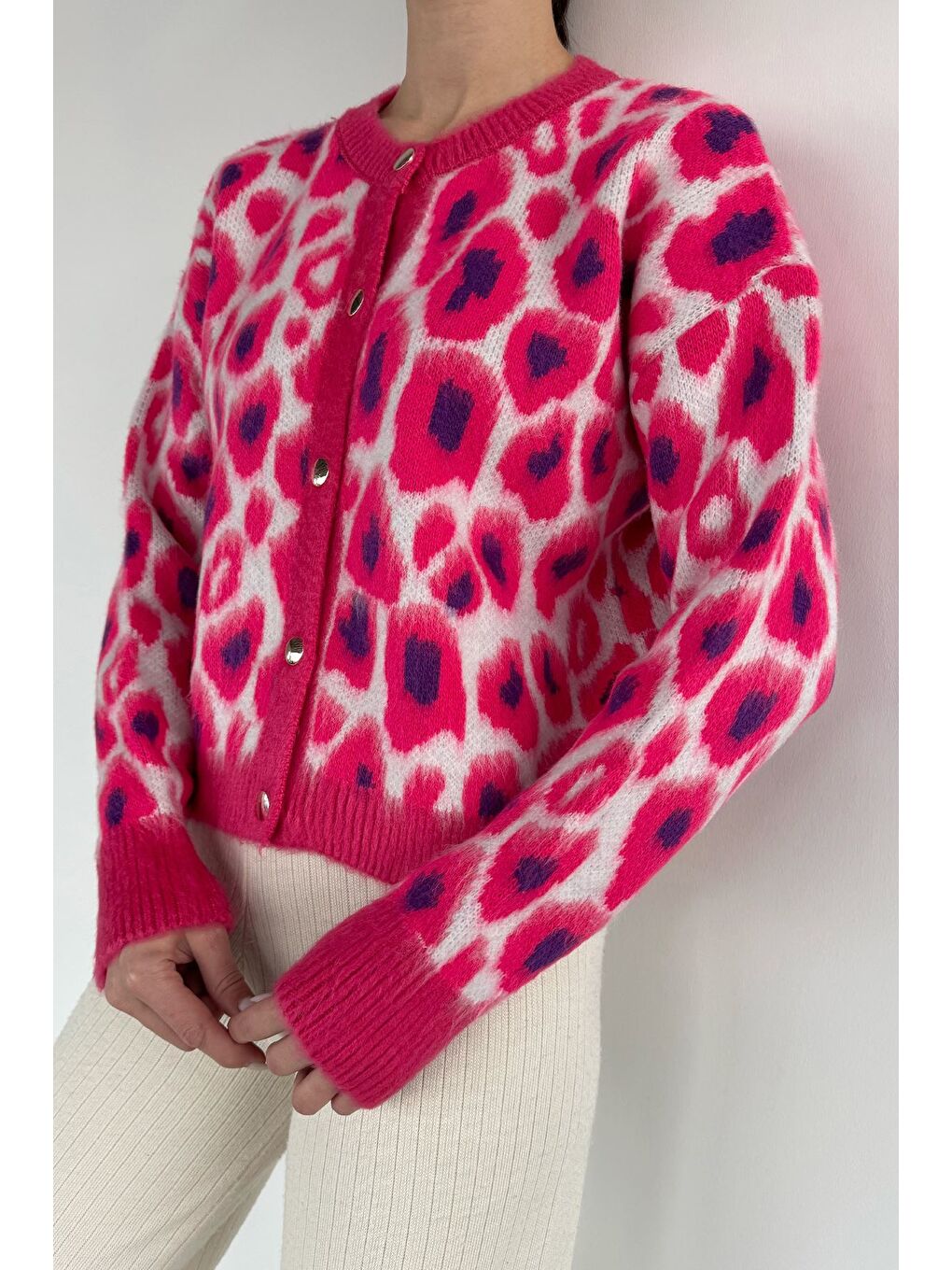 Fuşya Kadın Desenli Triko Hırka