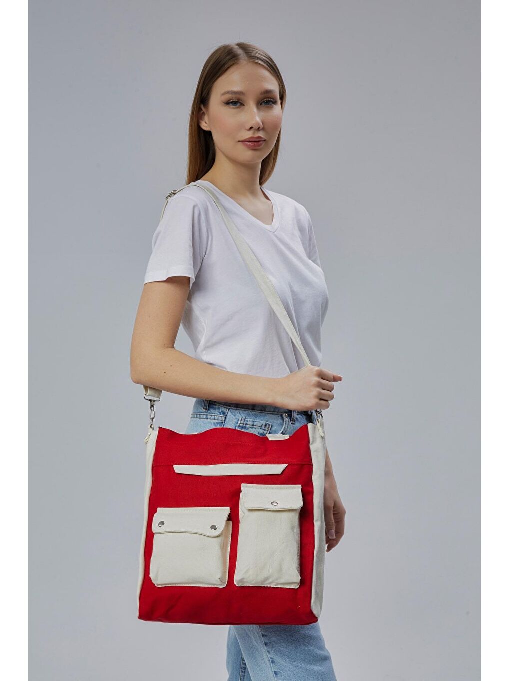 Bagg Kirmizi Kanvas Ön Cepleri Çıtlı Çanta (Kırmızı-Ekru) - 2