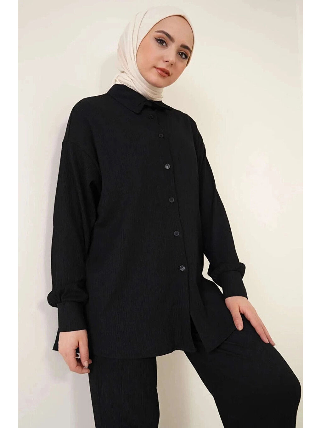 Kadın Siyah Oversize Alt-üst Tesettür Ikili Örme Takım Hzl22w-bd158581-1