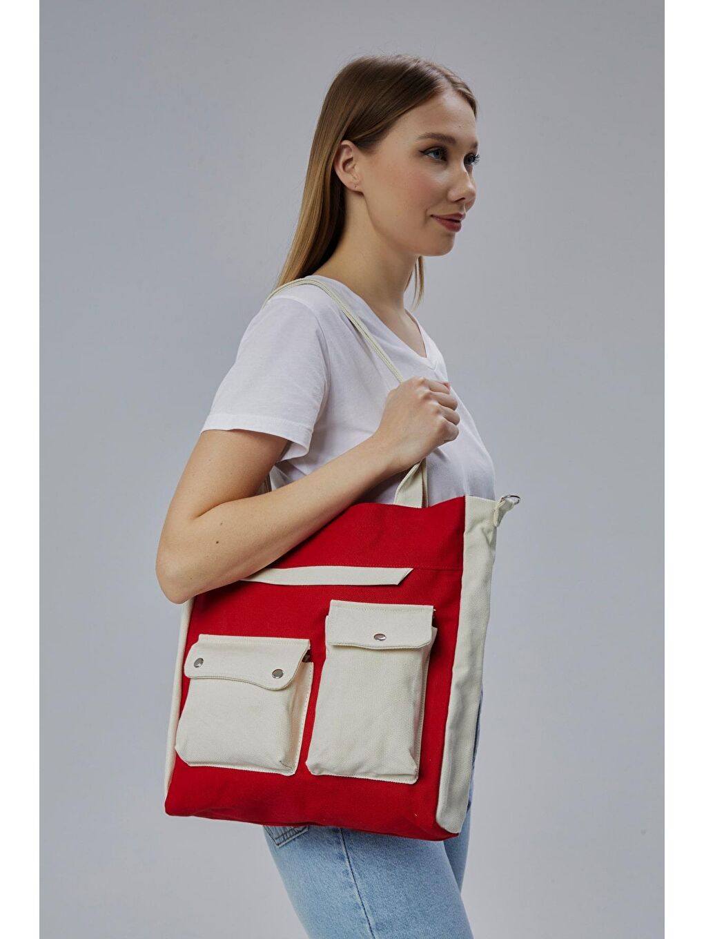 Bagg Kirmizi Kanvas Ön Cepleri Çıtlı Çanta (Kırmızı-Ekru) - 1