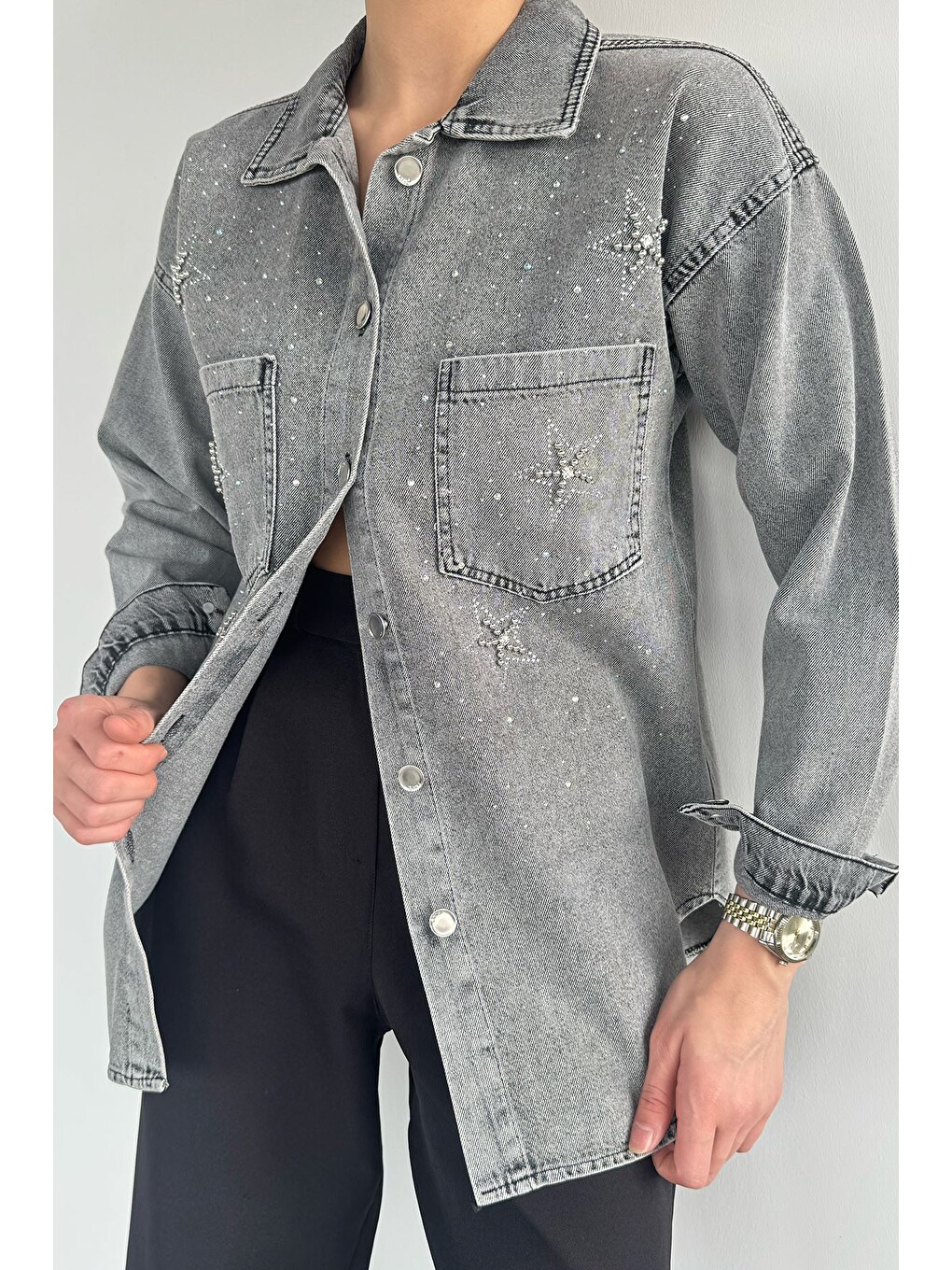Gri Çift Cepli Taşlı Jean Jean Ceket-2