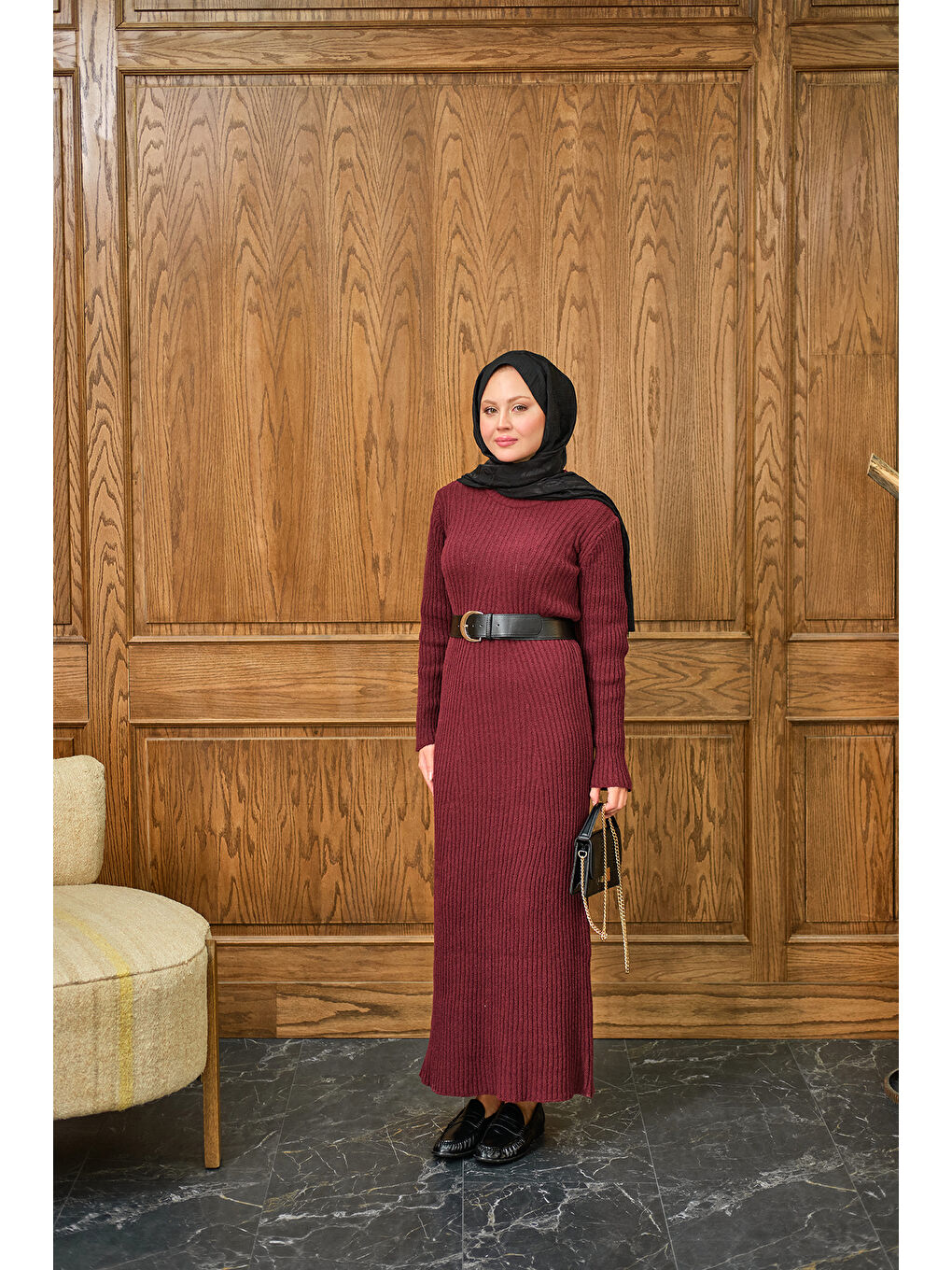 Kadın Bisiklet Yaka Triko Elbise Bordo-3