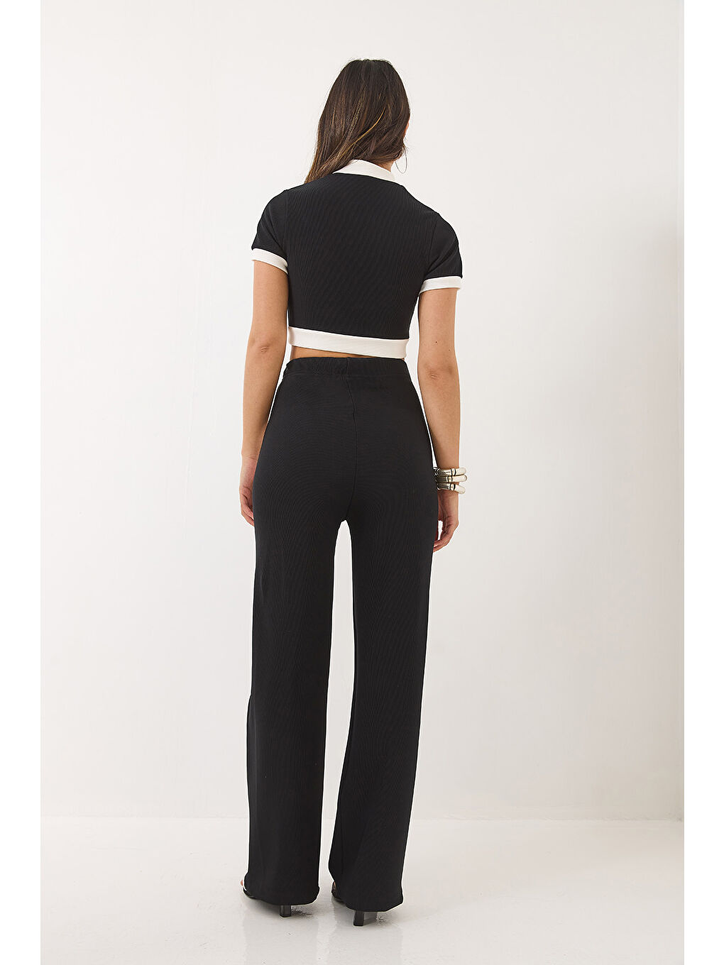 Siyah Kadın Şerit Detaylı Fitilli Düğme Kapamalı Alt Üst Takım-7