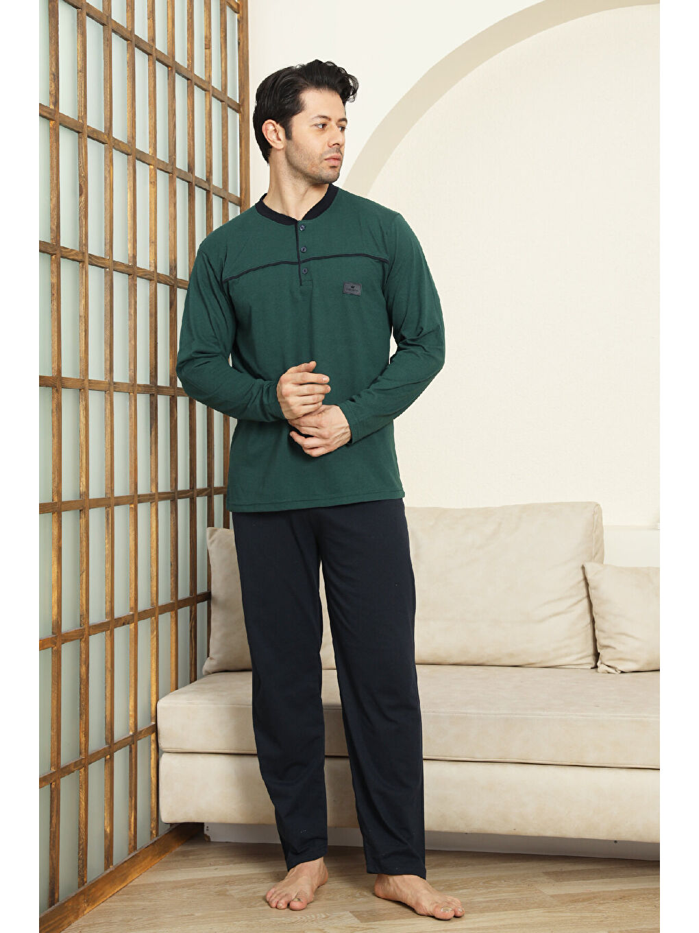 Petrol Erkek %100 Pamuklu Pijama Takımı-Robalı ve 3 Düğmeli-12489-2